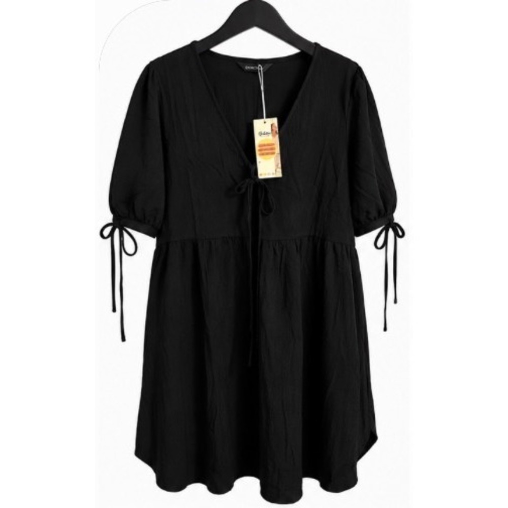 Dokotoo Boho Tie-Front Puff Sleeve Mini Dress Black XL NWT